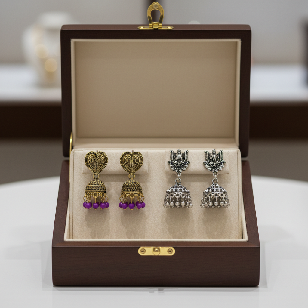 The Empress Heritage Jhumka Duo: Royal Amethyst & Sterling Blooms (2 set) - Image 3