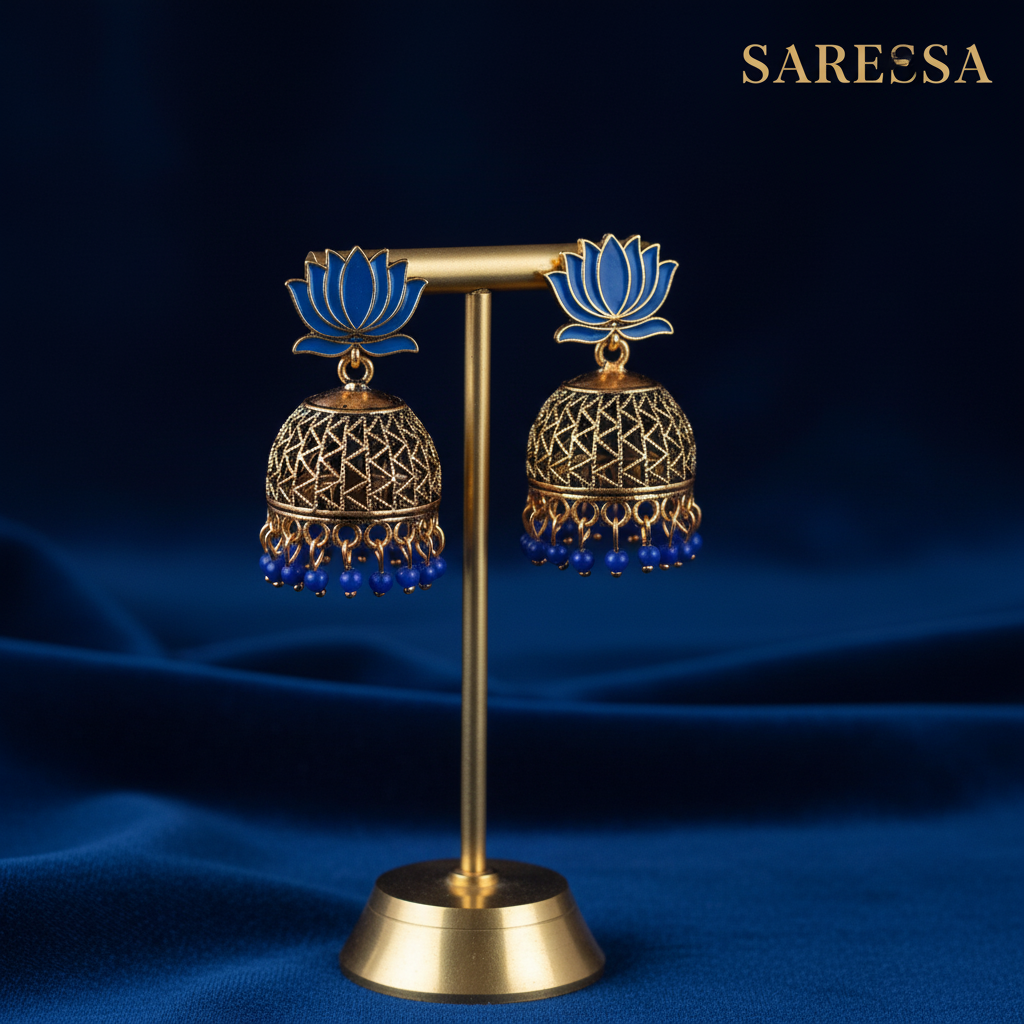Sareesa Royal Blue Lotus Jhumka Earrings- Multi Colour - Image 5