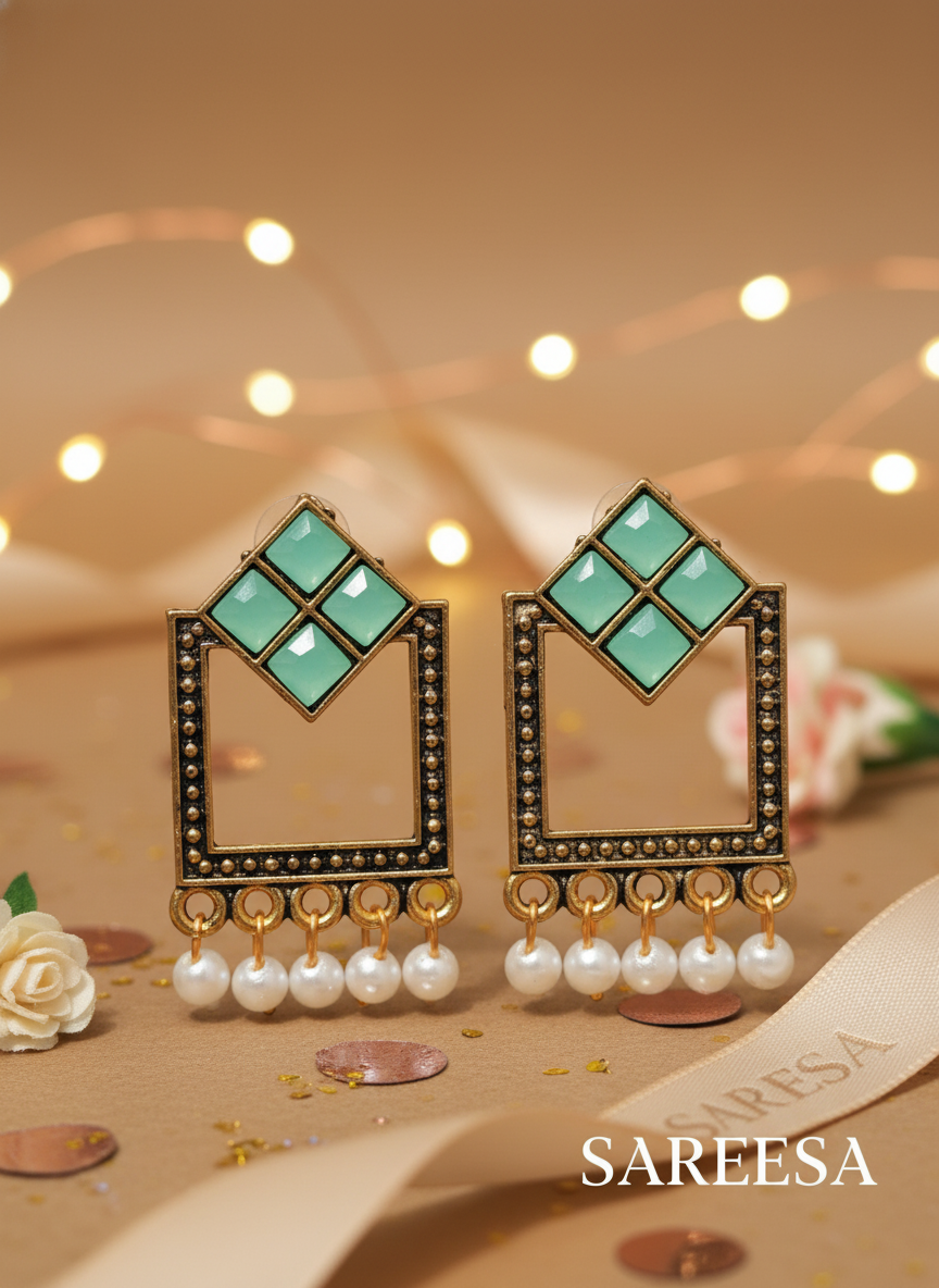 Sareesa Mint Royale Geometric Dangle Earrings-Multi Colour - Image 3
