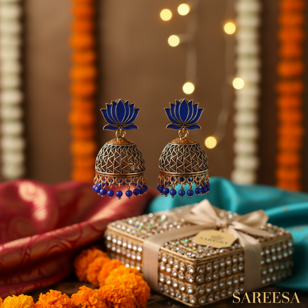 Sareesa Royal Blue Lotus Jhumka Earrings- Multi Colour - Image 4
