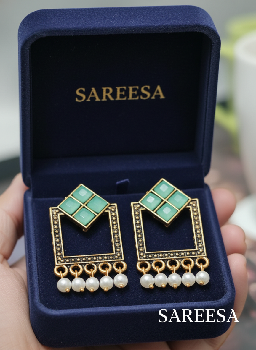 Sareesa Mint Royale Geometric Dangle Earrings-Multi Colour - Image 4