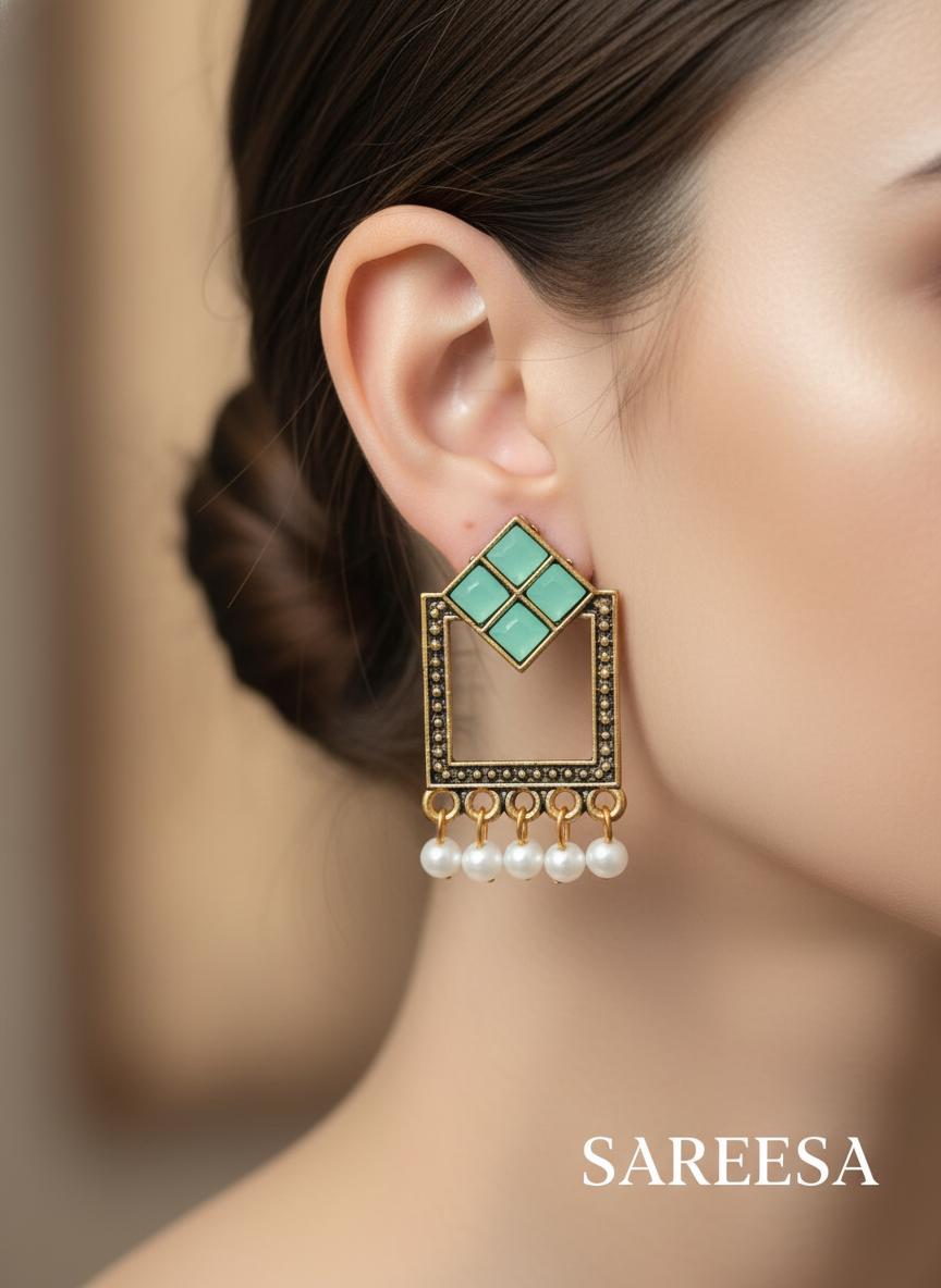 Sareesa Mint Royale Geometric Dangle Earrings-Multi Colour - Image 2