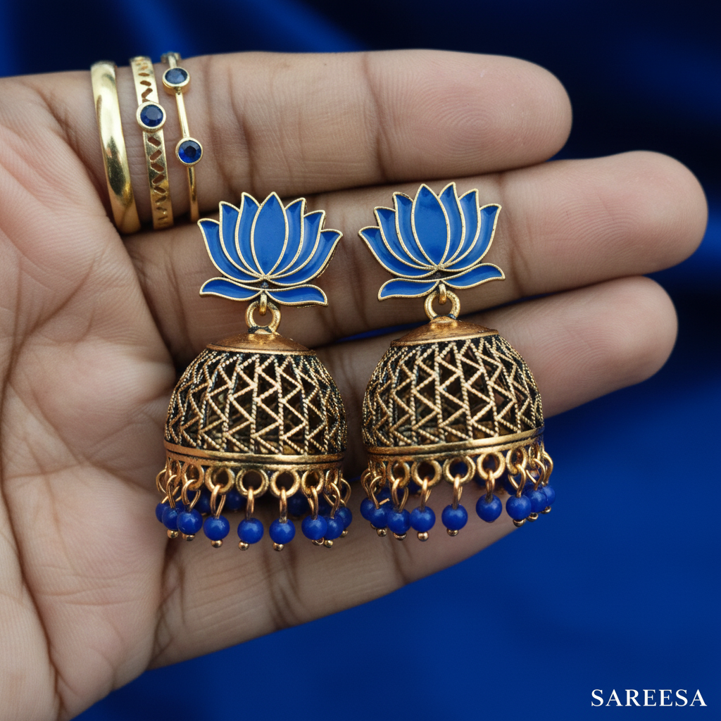 Sareesa Royal Blue Lotus Jhumka Earrings- Multi Colour - Image 2